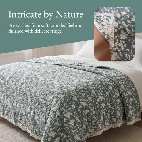 Image of Queen 100% Cotton Muslin Blanket with Tassel All Seasons Sage Green 4-Layer | Breathable, Soft & Lightweight, Crinkle Texture, for Bed, Couch, Throw, Shawl, for Hot Sleepers, Home Decor
