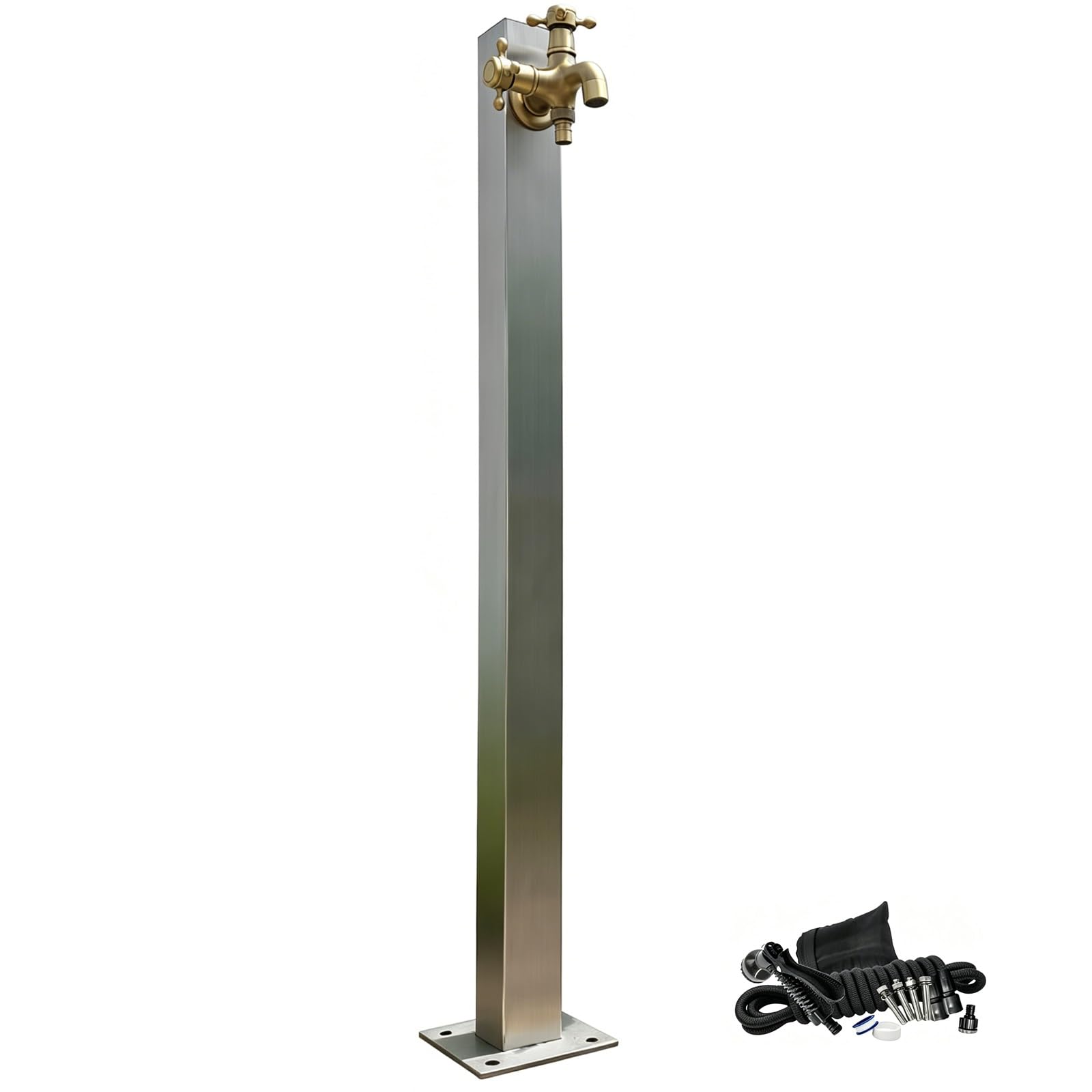 304 Stainless Steel Freestanding Garden Water Column, Outdoor Yard Hydrant with Brass Spigots and Spray Gun for Backyard Patio