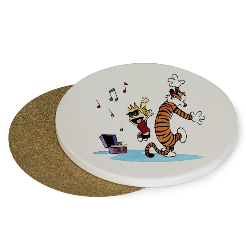 Calvin and Hobbes Dancing with Music, Cartoon Character, Drinks Coffee-Tea Coaster. (Round Ceramic Coaster)