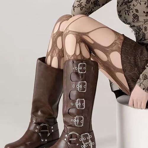 BrightGlow Sexy Netzstrumpfhose Damen Zerrissene Strumpfhose Punk Netzstrümpfe Blumen Spitze Muster Strumpfhose Elastisch Hohe Taille Fischernetz Mesh Strümpfe Fishnet Stockings Schwarz Einheitsgröße