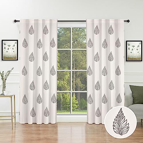 Image of THE LINEN COMPANY Cotton Duck Canvas Curtains 6 Feet Long, Printed Leaf Curtains for Door & Window, 6ft Set of 2, Black Leaf