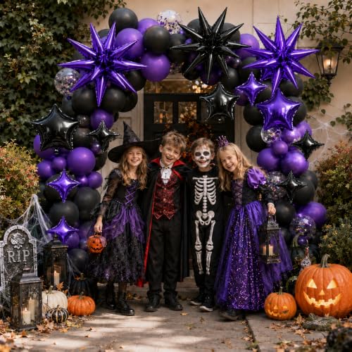 Image of Star Balloons Halloween Balloon Black Purple Explosion Stars Balloon | 22 /18 /10 In Metallic Purple Black Spike Stars Foil Balloon for Halloween Witch Themed Birthday Gradution Party Decorations