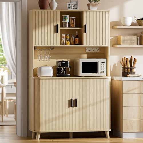 Image of Lulive 71 inch Tall Pantry Cabinet with Rolling & Sliding Doors, 39 inch Wide Kitchen Storage Cabinet with Charging Station and Open Countertop, Modern Kitchen Pantry Cabinet for Dining Room, Natrual