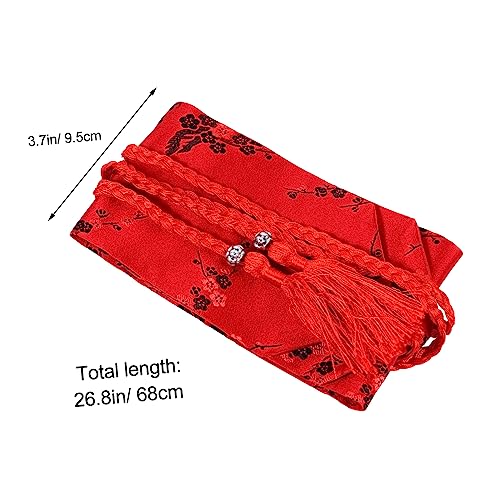 Ethnic Style Women Waist Belt Japanese Kimono Waistband with Embroidered Flower Pattern Braided Tassel Pendant Sash for Dress Shirt Yukata Red2