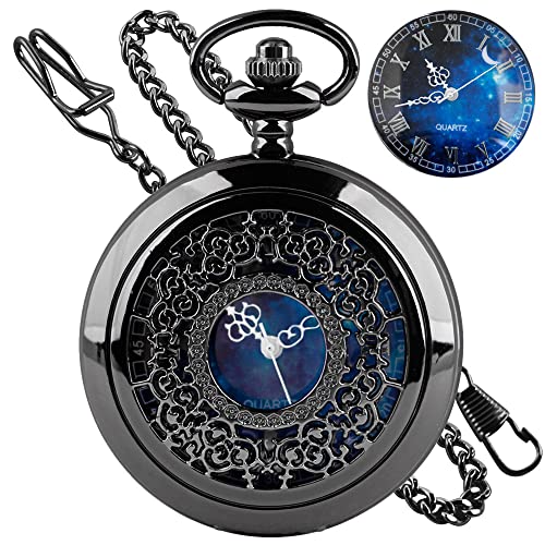 Tiong Pocket Watch Hollow Blue Star Design Roman Numerals Quartz with Chain Christmas Birthday Gifts