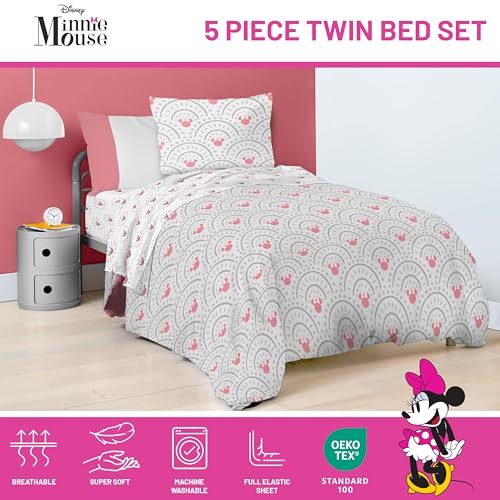 Image of Disney Minnie Mouse Twin Comforter Set 5 Piece Bedding for Girls, Grey | Bed in a Bag, Comforter Sheets Sham Pillowcase, Official Product, Soft Microfiber, Machine Washable, Easy Care, Girls Gift