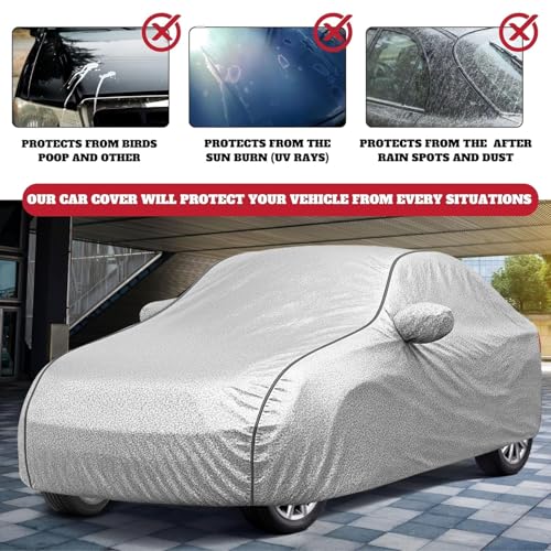 Image of 100% Waterproof Car Cover for Grand i10 UV Protection, Dustproof, Windproof | Custom Fit with Mirror Pockets, Belt & Buckle | All Weather Outdoor Body Cover(Silver)