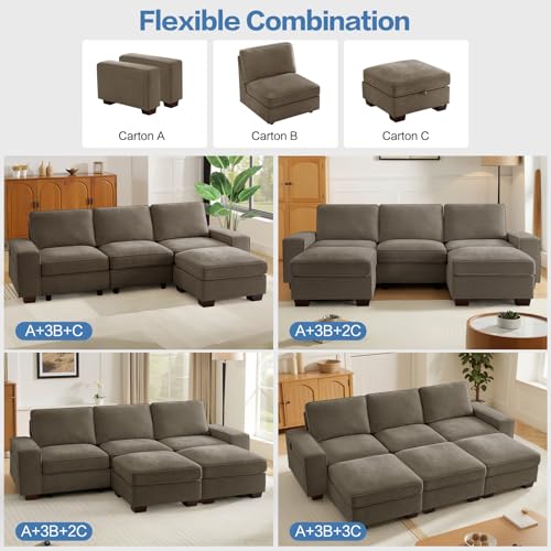 Image of TEKAMON 100 inch Modular Sectional Sofa with Seats Storage, L Shaped Couch with Movable Ottoman for Living Room, Couch with Chaise, Solid Wood Frame, Spring Cushions, USB Port, Removable Covers, Brown
