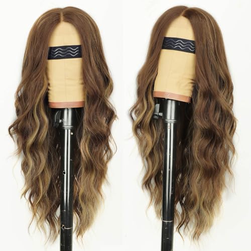 Image of AISI HAIR Caramel Brown with Blonde Highlights Wig for Women, Long Wavy Lace Hairline Middle Part Synthetic Heat Resistant Wig for Daily Party-26 Inch