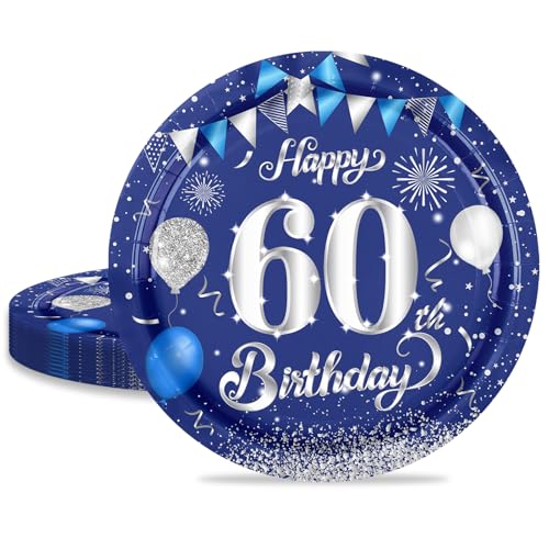 MORAINJAY 16 Pezzi Piatti di Carta per 60° Compleanno Blu Argento,60 Anni Piatti per Feste,7 Pollici/18cm Piatti Ecologici Carta di Usa e Getta,Decorazioni Festa Compleanno -16 Ospiti
