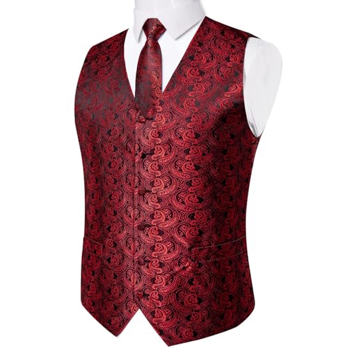 Image of DiBanGu Mens Vest and Tie Set Formal Paisley Waistcoat and Necktie Pocket Square Cufflinks Silk Suit Vest for Tuxedo Wedding