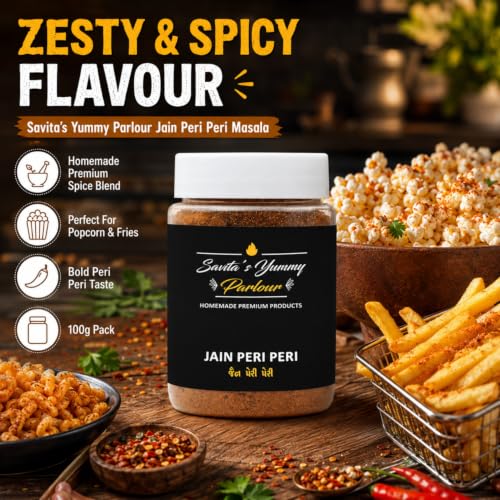 Image of Savita's Yummy Parlour Jain Peri Peri Masala - 100g | No Onion No Garlic | Homemade Premium Spice Blend for Fries, Popcorn, Pasta, Snacks & More