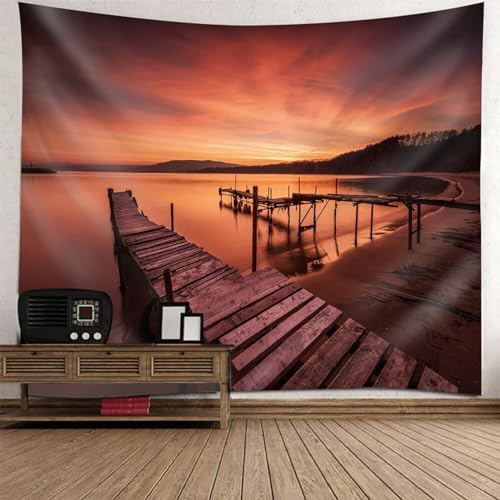 Tapisserie paysage nature 150x150cm avec pont en bois et couchers de soleil pour deco