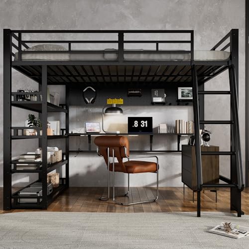 LZPUOUI Estructura de Cama Alta de Metal 140x200cm con Escritorio y Conexiones de Carga como Marco de Gran Almacenamiento Estructurado y Base para Somier de Dormitorio Negra