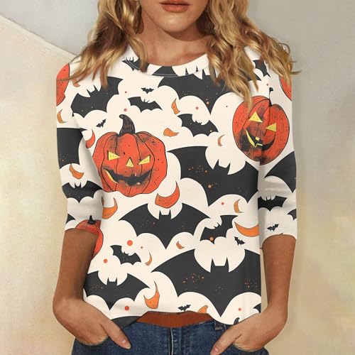 Halloween Shirts for Women 3/4 Sleeve Plus Size Crewneck Loose Fit Cute T Shirt Halloween Costumes for Women 2025