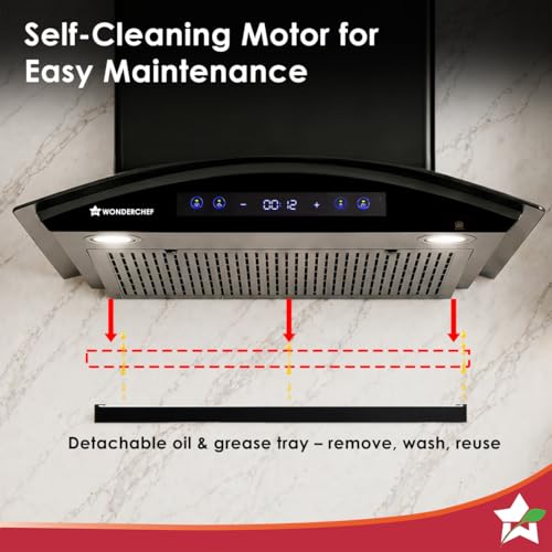 Image of Wonderchef Ultra Curve 60cm Filterless Auto-clean Kitchen Chimney with Oil Collector, BLDC Motor, Suction 1700 m3 /hr, Motion Sensor + Touch Control, 15-Yr Warranty on Motor & 5-Yr Comprehensive, Black