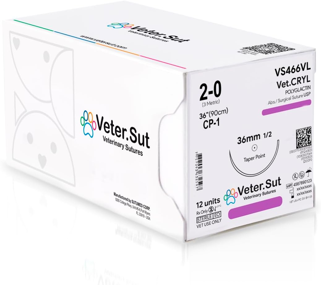 VeterSut VetCRYL Absorbable Polyglactin Surgical Suture USP Size 2-0, (CP-1) 1/2 36mm Reverse Cutting Needle, 36 Inches (90 cm), 12 Count, Veterinary Use