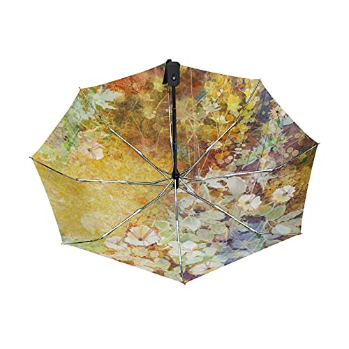 Parapluie pliable vintage automatique compact et anti-UV à motif floral jaune