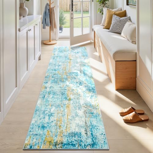 2x7 Teal Blue Rug Runners for Hallways Kitchen Runner Rug Non Slip Washable Black Long Runner Rugs with Rubber Backing Soft Abstract Carpet Runner for Bedroom, Kitchen, Bathroom, Entryway