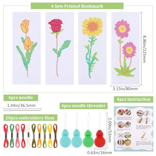 GORGECRAFT 4 Sets Cross Stitch Bookmark Kit Flowers Stamped Embroidery Cross Stitching Bookmark with Instruction for Beginner Adults DIY Counted Crossstitch Gifts Book Readers 23x8cm - Image 2