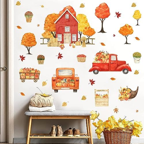KOKOLAP Fall Window Decals,Watercolor Fall Tree Wall Sticker,Thanksgiving Decal for Wall,Pumpkin Truck Wall Decal,Autumn Maple Leaves Sticker for Living Room Bedroom Kids Room Glass Window Cling Decor