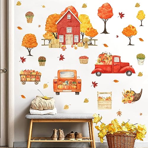 Kokolap Fall Window Decals,Watercolor Fall Tree Wall Sticker,Thanksgiving Decal For Wall,Pumpkin Truck Wall Decal,Autumn Maple Leaves Sticker For Living Room Bedroom Kids Room Glass Window Cling Decor #TOP13