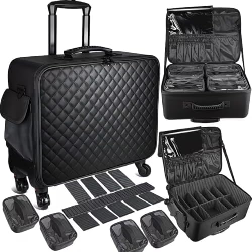 Image of Adson Multifunctional Professional Beauty Makeup Artist Rolling Cosmetic Aluminium Vanity Trolley Beauty Train case Makeup Cosmetic Trolley Hairstylist Travel Organizer (Cool Black)