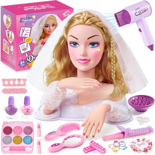vamei Tete a Coiffer Enfant avec Ensemble Accessoires Coiffure, Poupée de Maquiller avec Sèche-Cheveux Maquillage Autocollants pour Ongles, Salon de Coiffure Jouet Cadeaux pour Fille 3 4 5 6 Ans