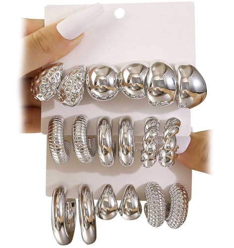 9 Pairs Gold Hoop Earrings for Women Hypoallergenic Chunky Open Hoops Dangle Earring Packs Jewelry Set Gift