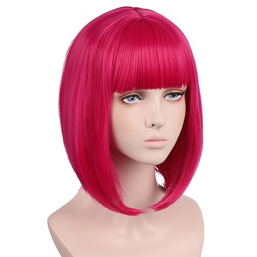 Miniatura 9 de PATTNIUM Peluca para niños, peluca rosa con flequillo, peluca corta y recta rosa para niñas, pelucas sintéticas cortas con gorra de peluca