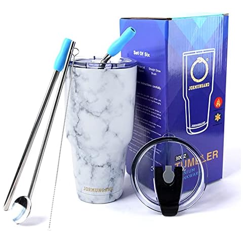 Jormungand 30 oz Tumbler with Straw Stainless Steel Vacuum Insulated Water Bottle with Replacement Lids Cup Holder Friendly Coffee Mug with Leak Proof Lid Gift for Women&Men (Marble White) Cover