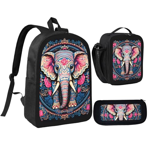 Animal Cool Elephant 3 Pcs 17 Inches Backpack Set with Insulated Lunch Bag And Pencil Pouch Large Back Pack for Men Women Lunchbox Pencil Case Waterproof Backpacks Lunch Box 3 Piece Daypacks