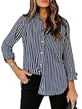 siliteelon Button Down Shirts for Women Cotton Striped Dress Shirt Long Sleeve Collared Office Work Blouses Tops - Deep Gray Striped M