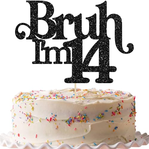 Gyufise 1 Pack Bruh Im 14 Cake Topper Glitter Oh Yeah Its My 14 Birthday Cake Pick Dude Bro Im 14 Fabulous Cake Decorations for Cheers to 14 Years Happy 14th Birthday Party Supplies Black
