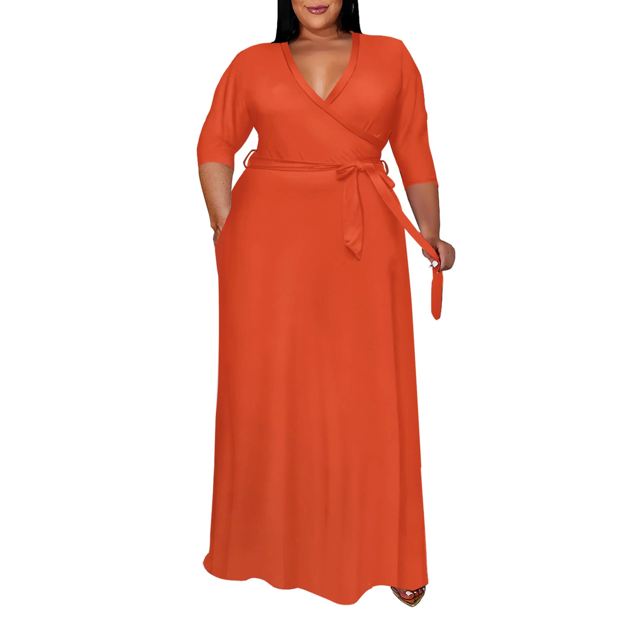 Runwind Plus Size Dress for Women - 3/4 Sleeve V Neck Printing Maxi Dresses for Women （XL-6XL）