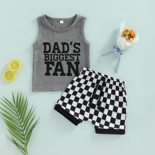 2Pcs Baby Boys Summer Clothing Sets Letters Print Sleeveless Tank Tops T-Shirt Dinosaur Print Shorts Outfits (Gray Checkered, 12-18 Months) #TOP1