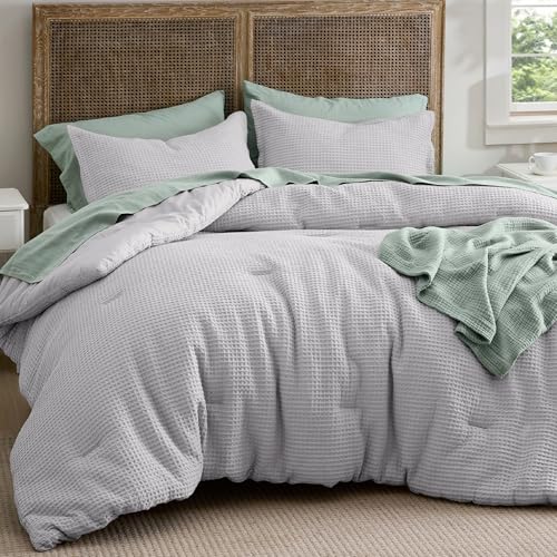 Image of Bedsure Waffle Comforter Set Queen, Grey Soft Bedding, Waffle Weave Bed Set, 3 Pieces, 1 Comforter (90 inchx90 inch) and 2 Pillow Shams, Cotton Shell and Polyester Lining for All Seasons