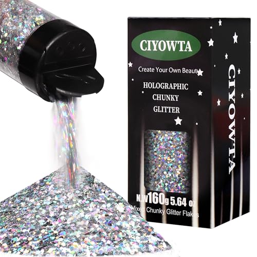 CIYOWTA Chunky Glitter 160g/5.64oz Silver Holographic Glitter for Resin Tumblers Art Crafts Hair Face Body DIY Decorations