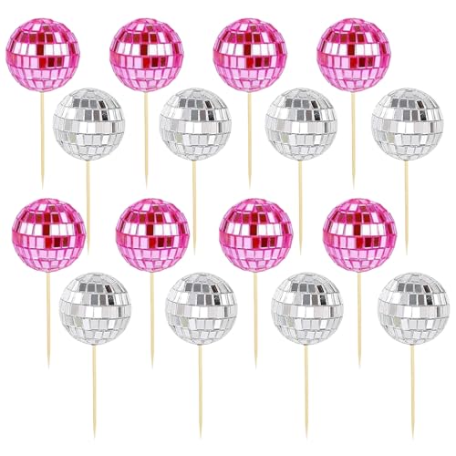 YYTOL Lot de 16 mini boules à facettes pour décoration de gâteau d'anniversaire - Argenté/rose