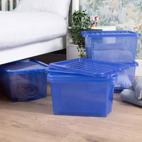 Image of Wham Crystal 28L Storage Boxes with Lids Pack of 5 | Tint Blue Stackable Plastic Storage Containers | Medium Snap Lock Storage Boxes for Home, Office, Garage & Loft | Made in UK