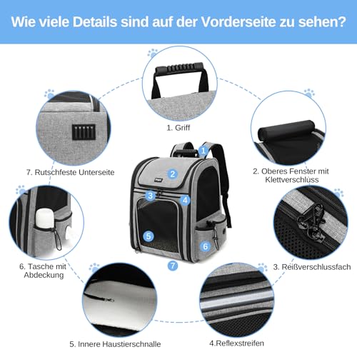 Dogat Erweiterbar Katzenrucksack mit Netzfenster, Tragbare und Faltbare Haustier Rucksack mit Innerer Sicherheitsleine und Haustierunterlage für Katzen Hunde bis 17 lbs (8 kg) Wandern, Walken (Grau)