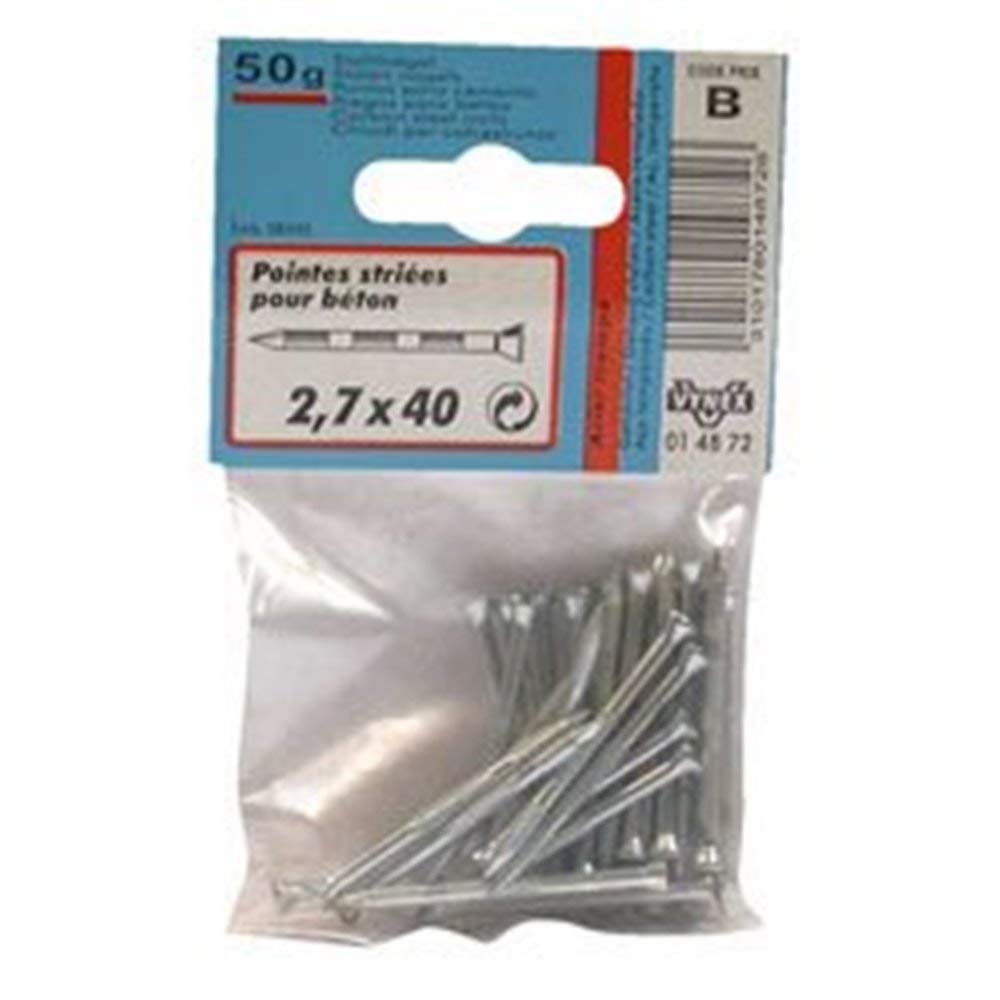 Pointe striée béton acier trempé 2.7x40 clou maçonnerie gris VYNEX 50g