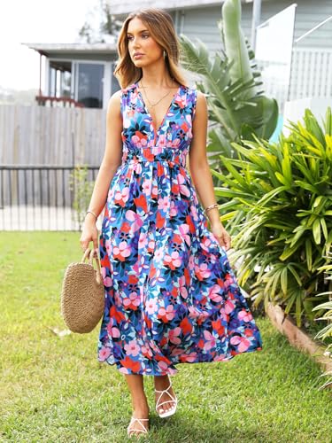womens summer sleeveless v neck boho long dress floral print midi sundress