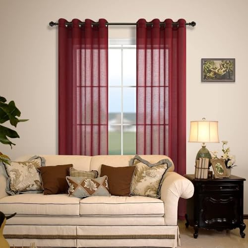 Image of 7 Feet Door Curtains Set of 2 - Semi Transparent Sheer Curtains for Living Room & Bedroom | Polyester Eyelet Curtain Panels | Modern Door & Window Curtain (Red)