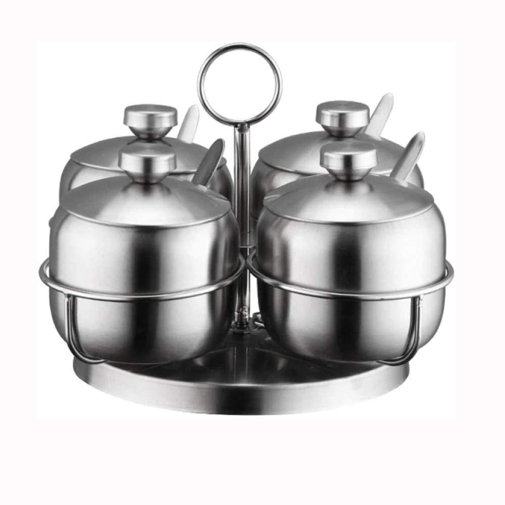 HRWLY Portable Stainless Steel Spice Container, Box Set, Rotatable 4 Cans of Jar, Turntable, Rack
