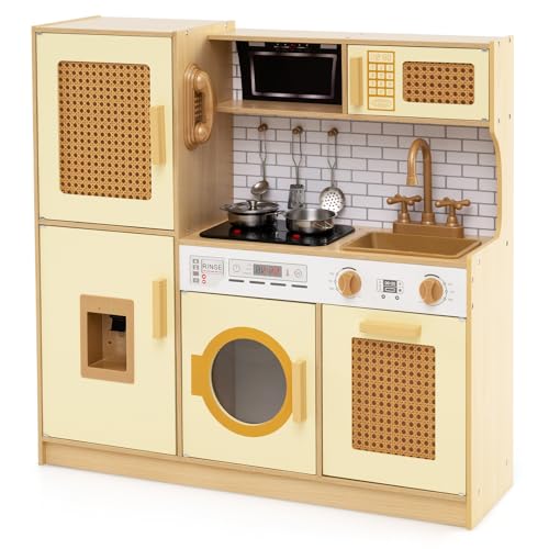 COSTWAY Cuisine Enfant avec Lumière & Effet Sonore, Cuisiniere Enfant avec Distributeur d'eau & Machine à Laver & Four, Portes en Rotin, Jeu de Cuisine pour Garçons...