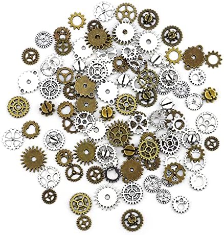 JIALEEY 130PCS Steampunk Gears Charms, Antique Bronze and Silver Assorted Steampunk Gears Charms Pendant Clock Watch Wheel Gear DIY for Jewelry Making Crafting