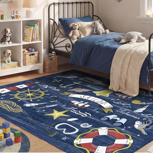 Image of OPPODREAM Nautical Soft Area Rugs 5x7, Washable Dark Blue Rug with Non Slip Backing, 5 x 7 Faux Cashmere Low-Pile 5x7 Carpet