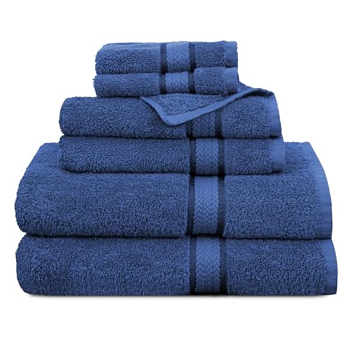 COTTON CRAFT Ultra Soft 6 Piece Towel Set - 100% Cotton Absorbent 580 GSM - 2 Large Bath Towels, 2 Hand Towels, 2 Washcloths - Luxury Bathroom Towel Set - Quick Dry Durable Machine Washable - Blue