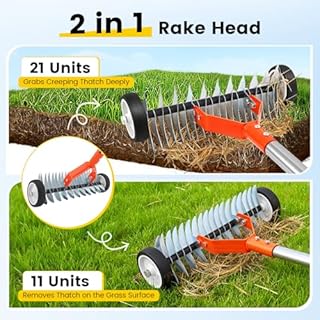 Thatch Rake with Wheels, 37-65.35'' Adjustable Dethatching Roller Rake Adjustable 0-12° Angle Stainless Steel Blades Heavy Duty Manual Dethatcher , Lawn Thatcher Rakes for Moss, Grass, Leaves, Debris